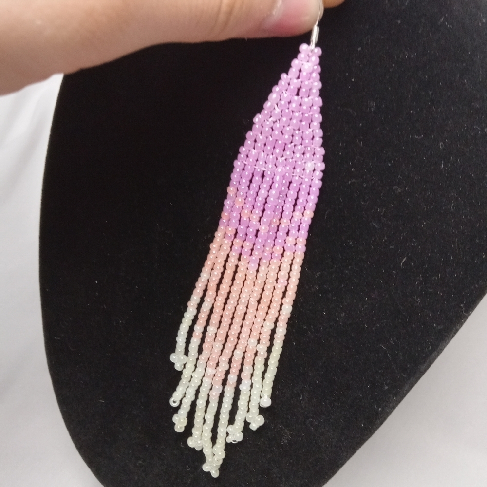 Elegant Beaded Dangle Earrings - Purple, Pink, Cream - Picture 7 of 9